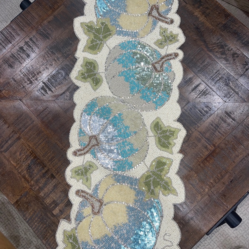 Rachel Zoe 13x36” Fall Autumn Thanksgiving Beaded Table Runner Ivory Teal Silver - Picture 6 of 6